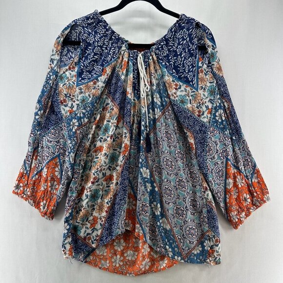Lola P. Tops - Lola P. Top Size L Peasant Boho Floral Blouse Shirred Tasseled Slit Sleeve Blue